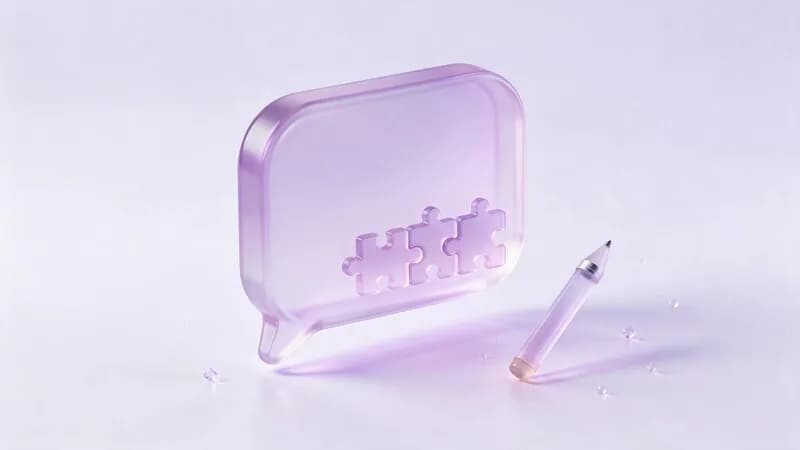 A glass speech bubble with puzzle pieces fitting into it and a pencil beside it: a reply assembled from saved pieces