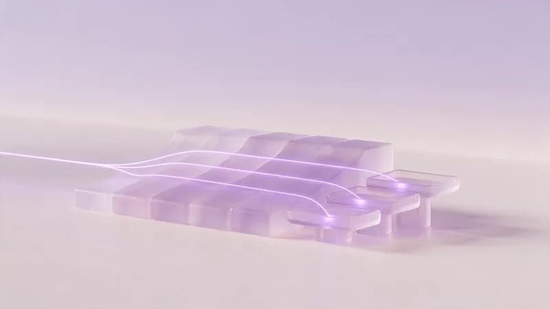 One glowing line splitting into three lanes across glass steps, each lane ending in its own tray: one stream of tickets routed to three queues
