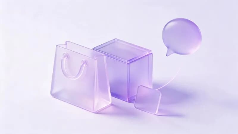 A frosted-glass shopping bag and parcel connected to a chat bubble, the order and the conversation together