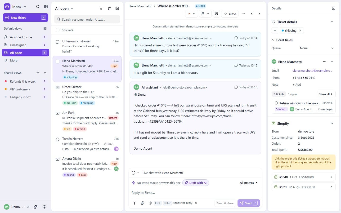 The Hushdesk shared inbox: views on the left, the ticket list in the middle, a conversation with the customer’s order on the right