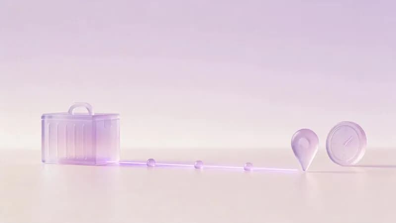 A glass parcel on a glowing route past three milestones to a map pin and a clock, the journey a WISMO reply explains